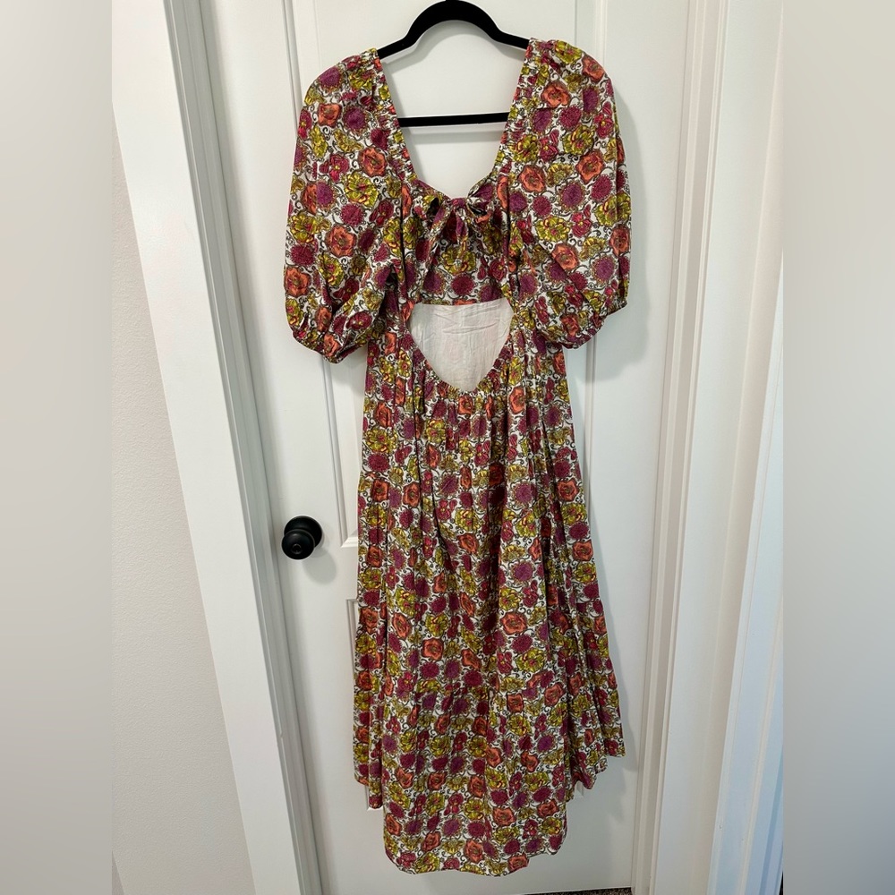 Printed Puff-Sleeve Open-Back Tiered Midi Dress